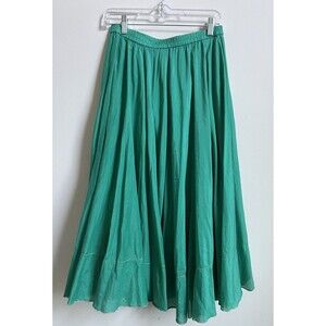 Coldwater Creek Silk Blend Maxi Crinkle Skirt Green Elastic Waist Lined Size S